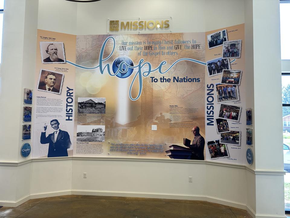 Chipley, FL Baptist Church Missions Wall: “Hope to the Nations” history and missions wall