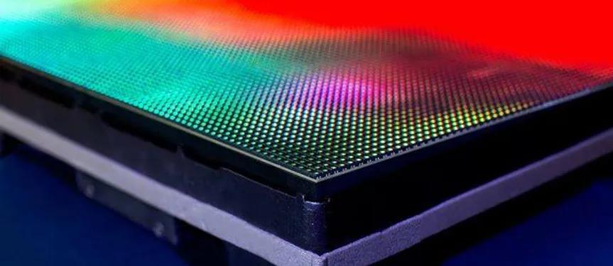 Close-up of a full-color LED display panel and its tiny LED dots