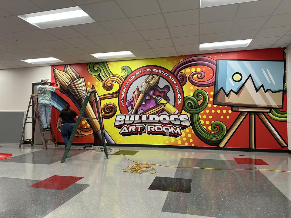 Randolph County Elementary: “Bulldogs Art Room” mural, install in progress