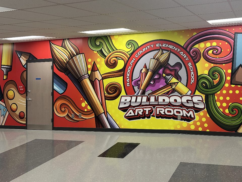 The finished Bulldogs Art Room mural, photographed from the same spot